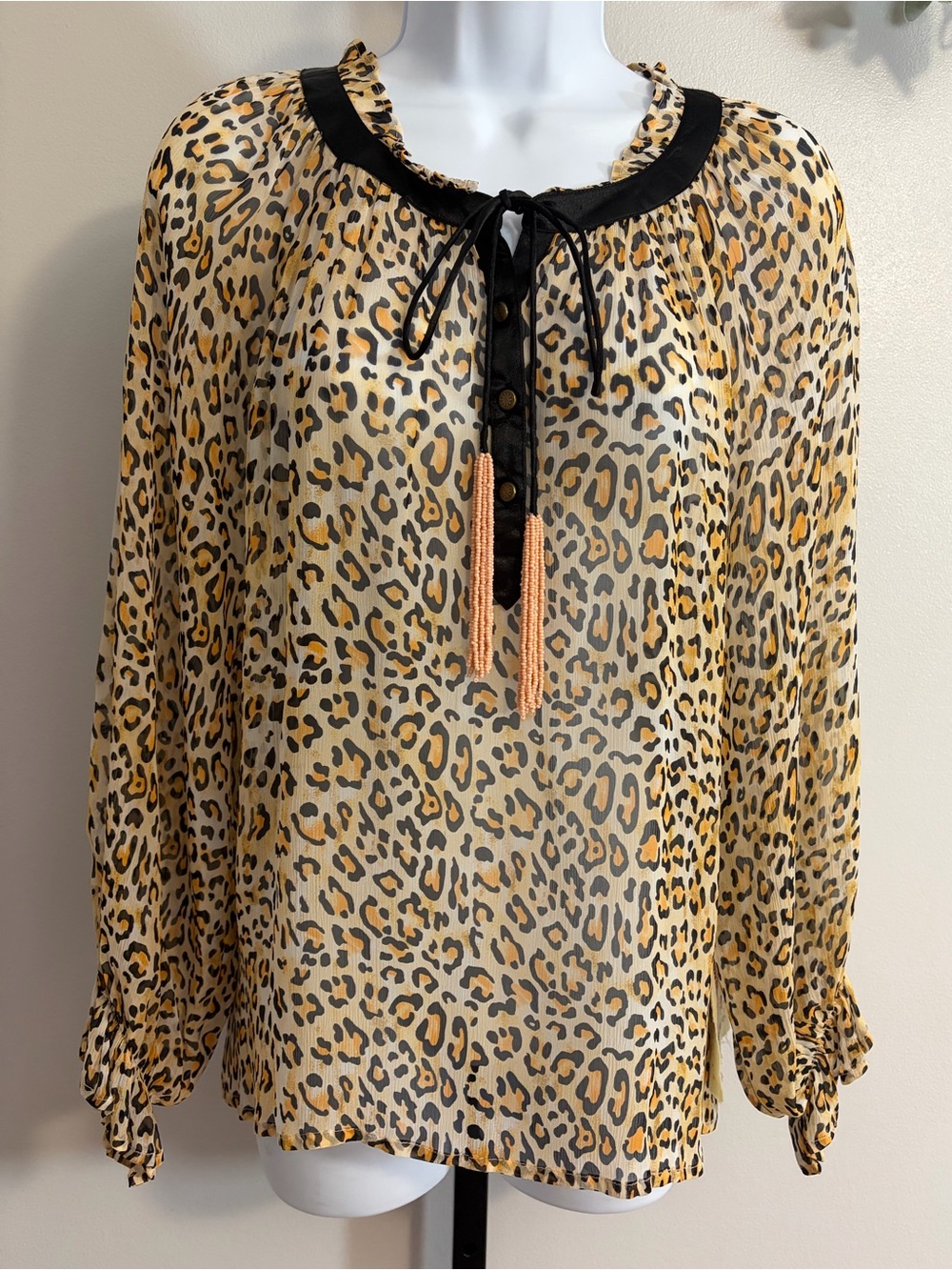 NWT Aratta Silent Journey- Leopard-Print Peasant Blouse in Beige, Black and Gold